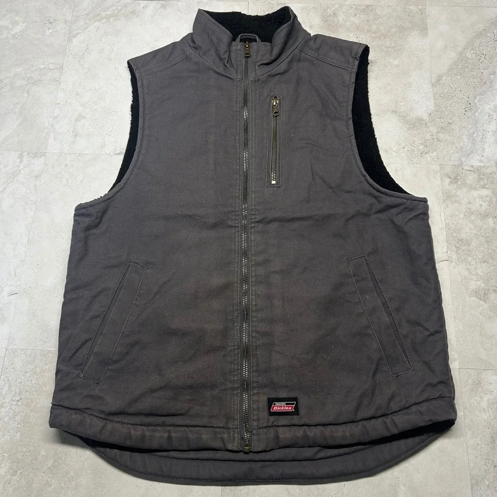Dickies Mens Medium Gray Sherpa Lined Canvas Work Vest Full Zip Utility 0382